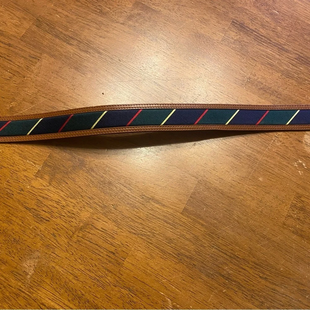 Lands' End Brown Leather-Trim Belt with Navy, Green & Red Stripes